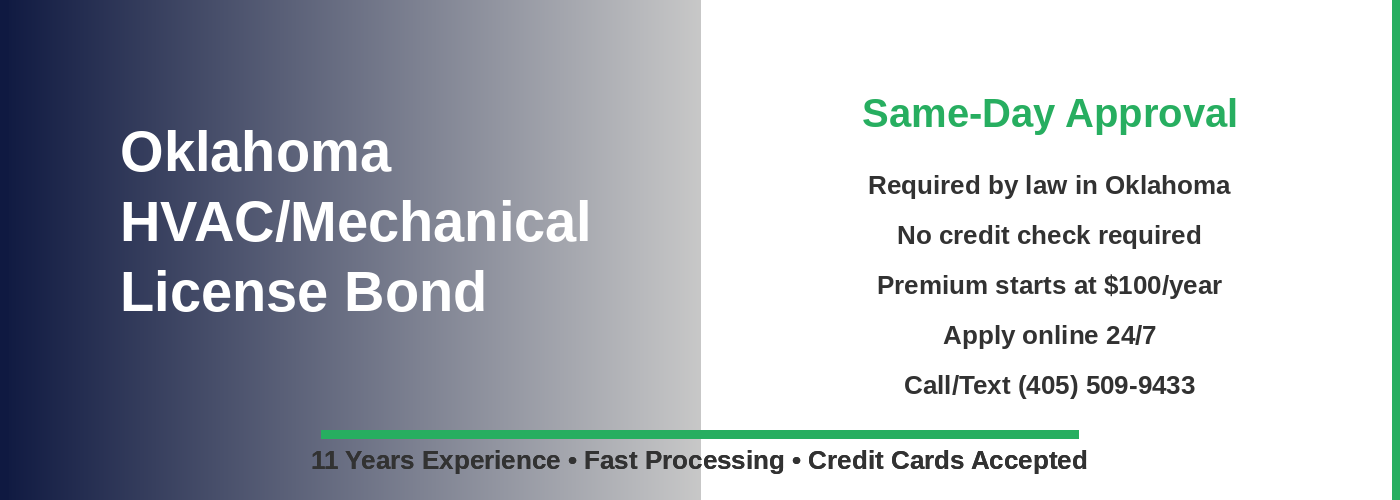 Professional Oklahoma HVAC/Mechanical license bond hero image: HVAC technician working on mechanical systems with navy and green branding, text overlay reading 'Oklahoma HVAC/Mechanical License Bond - Required by Law, Same-Day Approval, $100/Year'