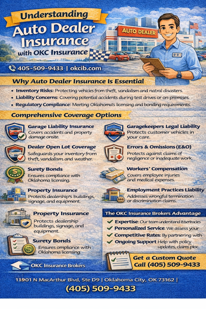 Understanding auto dealer insurance infographic explaining key dealership risks and coverage options including garage liability, garagekeepers legal liability, dealer open lot, errors and omissions, surety bonds, workers&rsquo; compensation, property insurance, and employment practices liability, with OKC Insurance Brokers contact information.